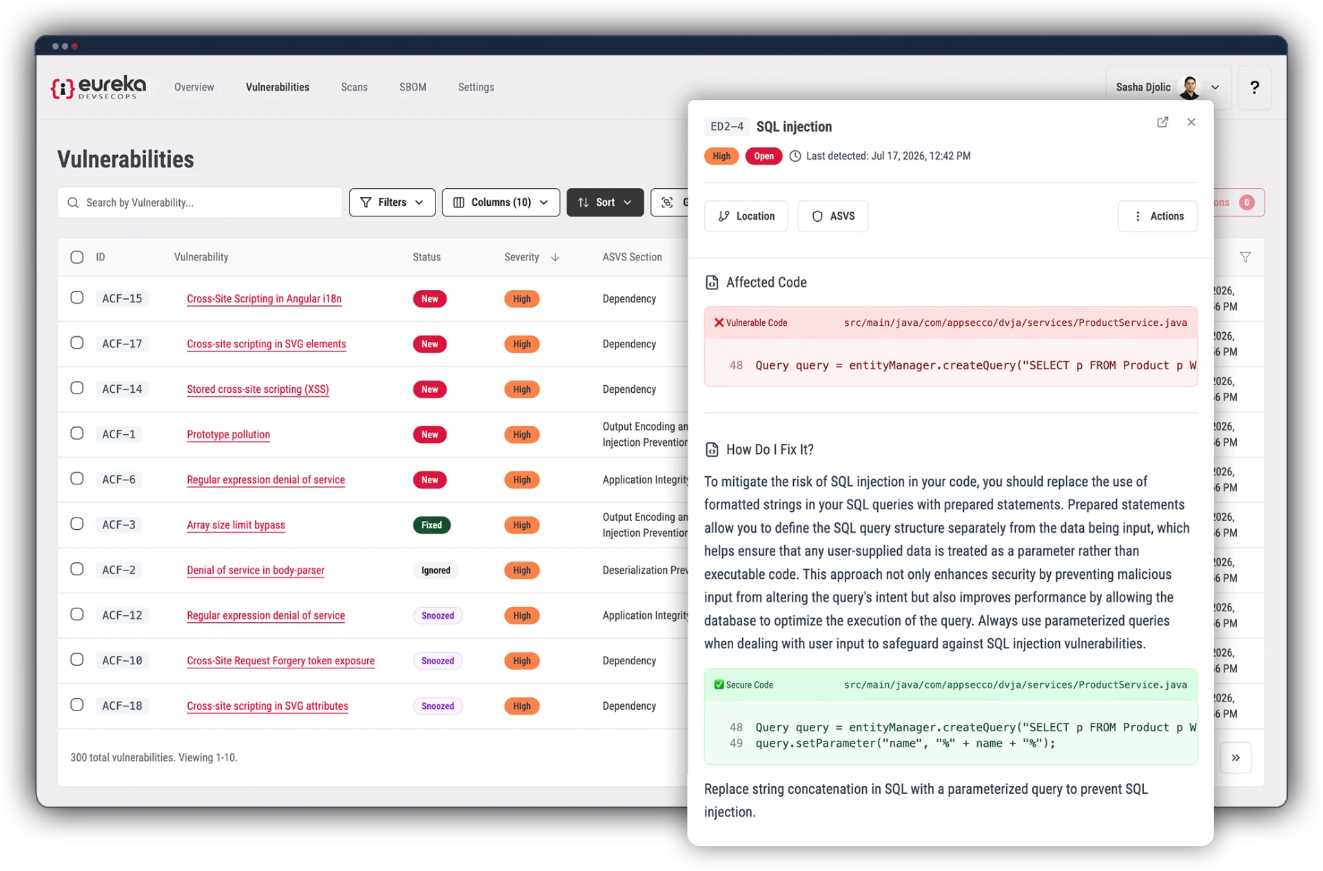 Eureka overview, vulnerabilities by status, focused crop showing open, in-progress and resolved counts.