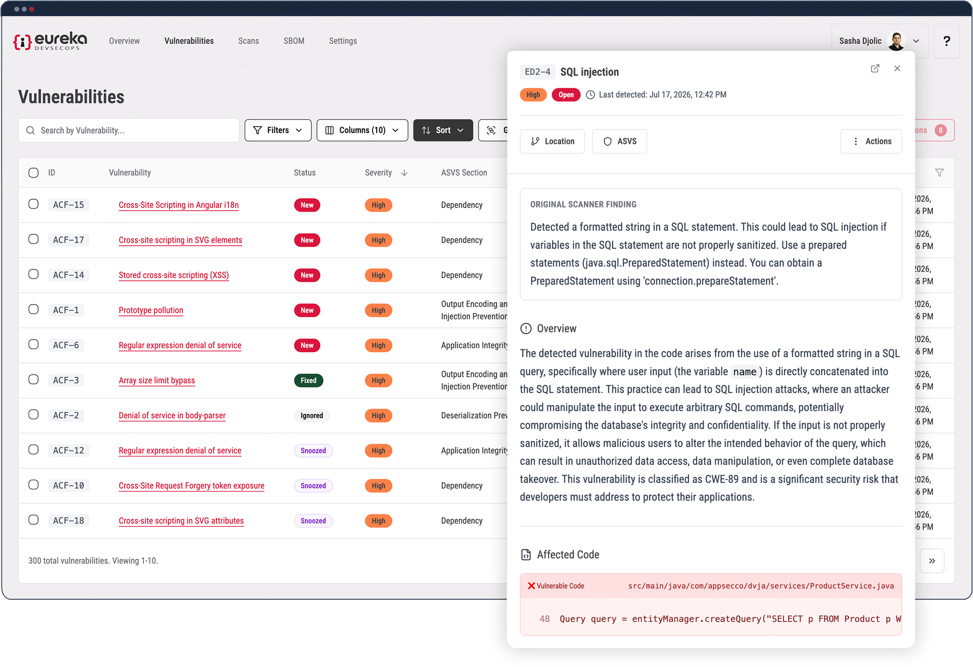 Eureka vulnerability management interface with SQL injection finding detail