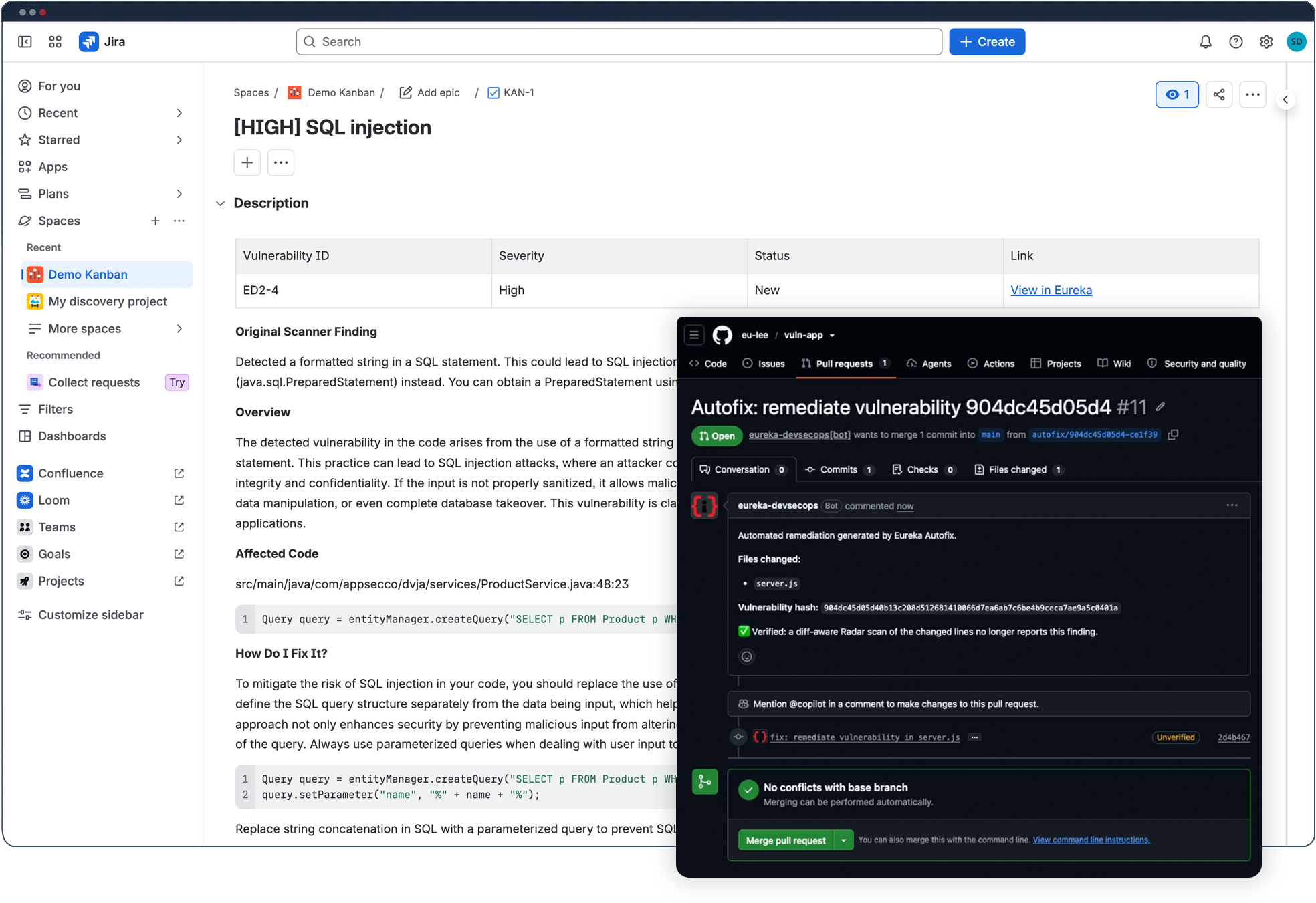 Finding, affected code and fix guidance
