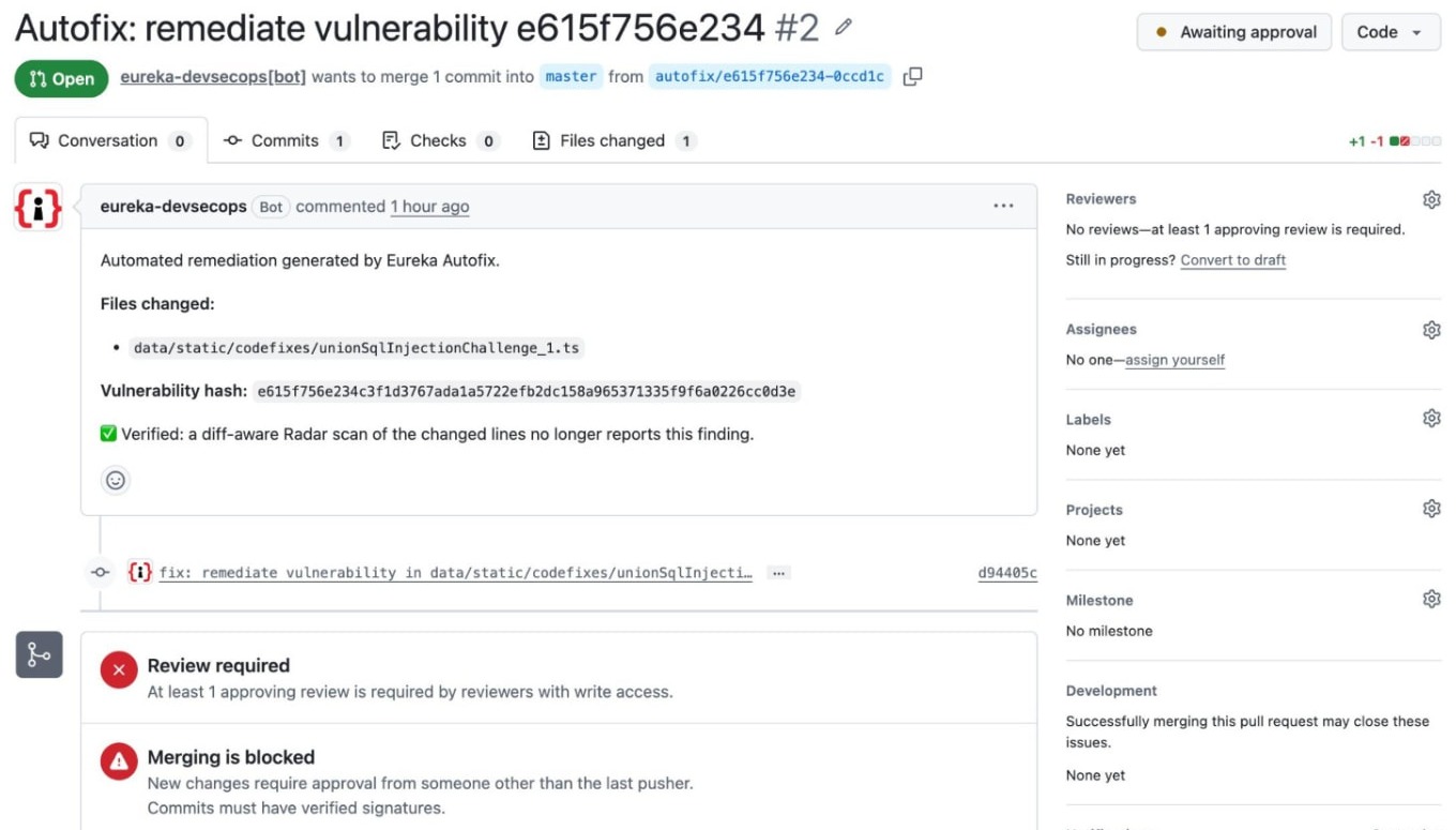 GitHub pull request #2, 'Autofix: remediate vulnerability e615f756e234', open and awaiting approval. The Eureka bot comment lists the changed file and notes: Verified: a diff-aware Radar scan of the changed lines no longer reports this finding. Review required; merging is blocked until approved.